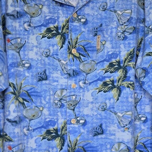 Columbia Men's Blue Hawaiian Aloha XXL Martini Cocktail with Olive Swizzle Shirt - Picture 9 of 13